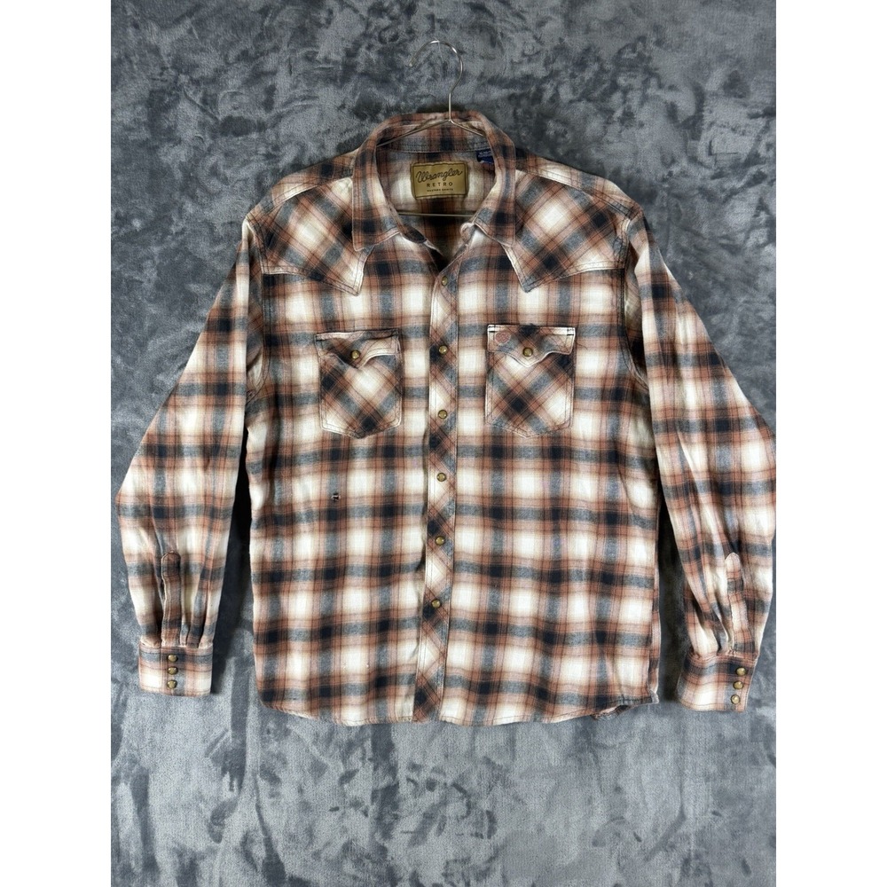 Wrangler Shirt Men's  XL Brown Plaid Pearl Snap Button Up Long Sleeve Shirt